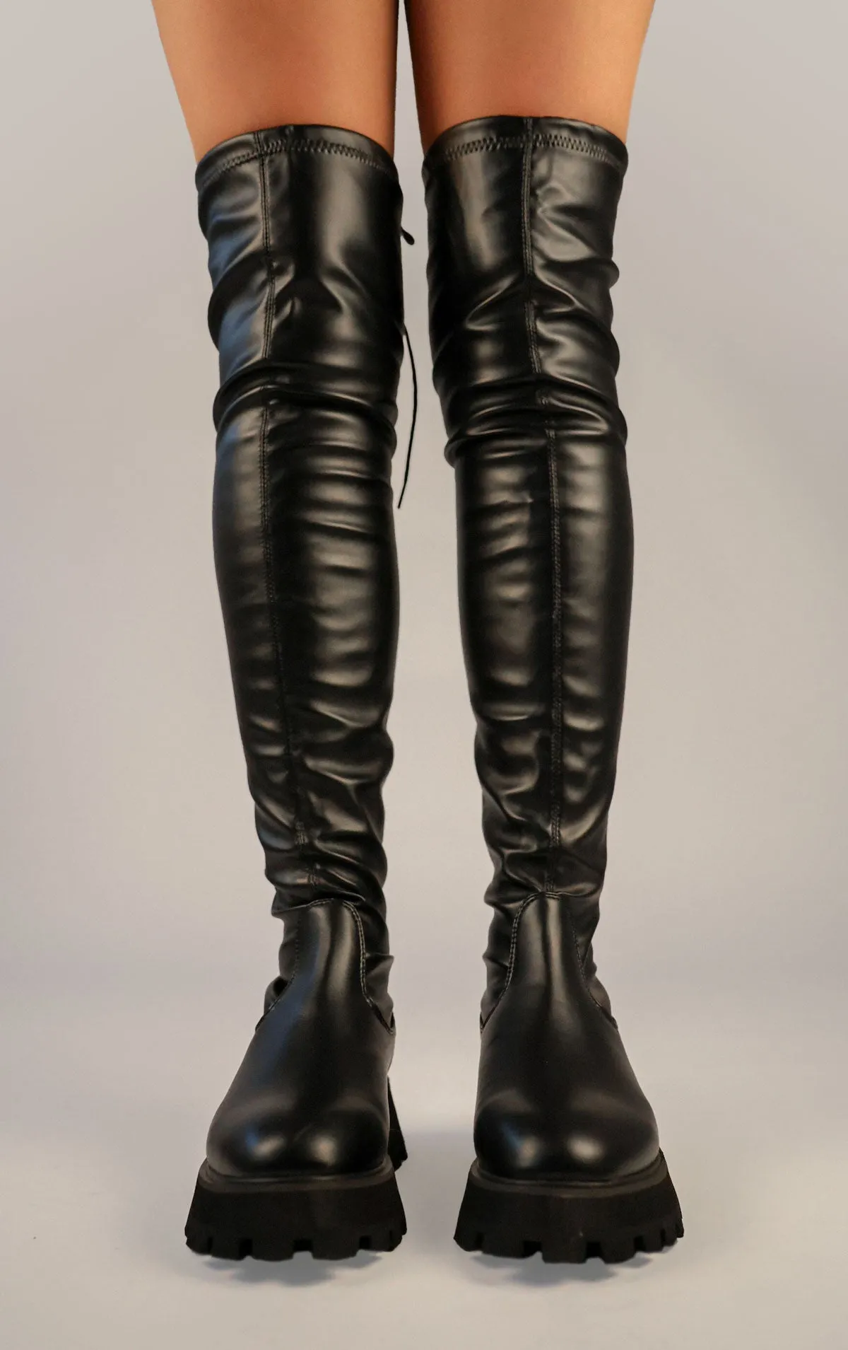 Black PU Leather Chunky Platform Thigh High Boots