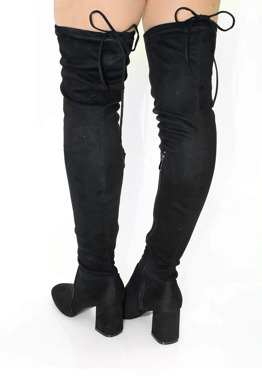 Black Thigh High Boots with Chunky Heel