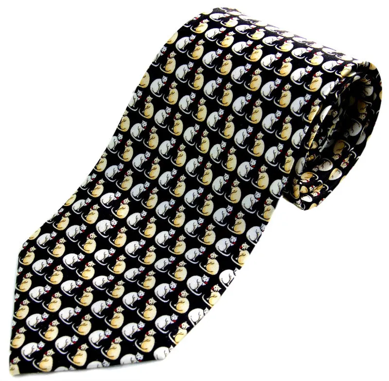 Black with Gold Cats Novelty Cat Silk Neck Tie
