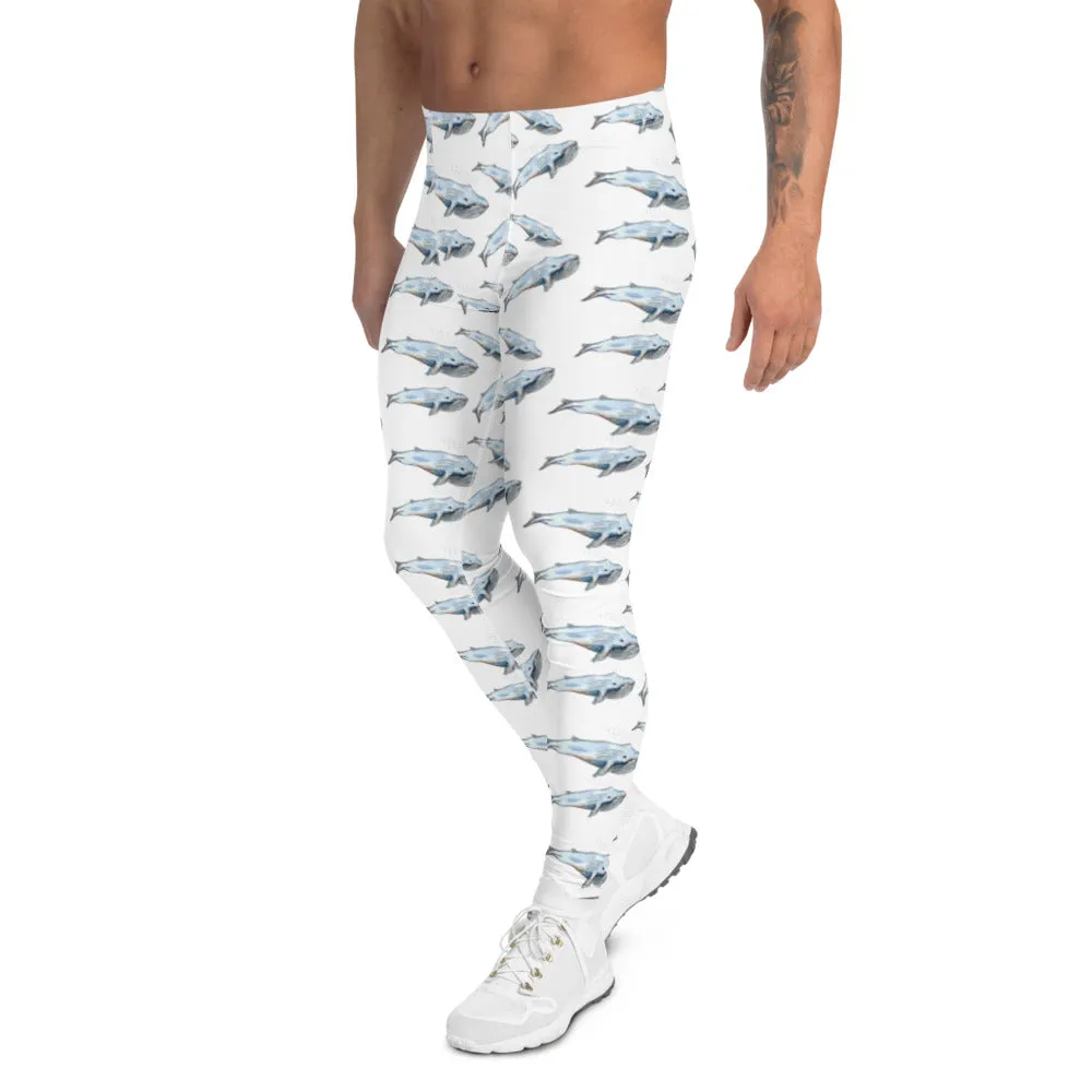 Blue Whale Men's White Leggings, Men's Watercolor Whale Run Compression Tights - Made in USA/EU