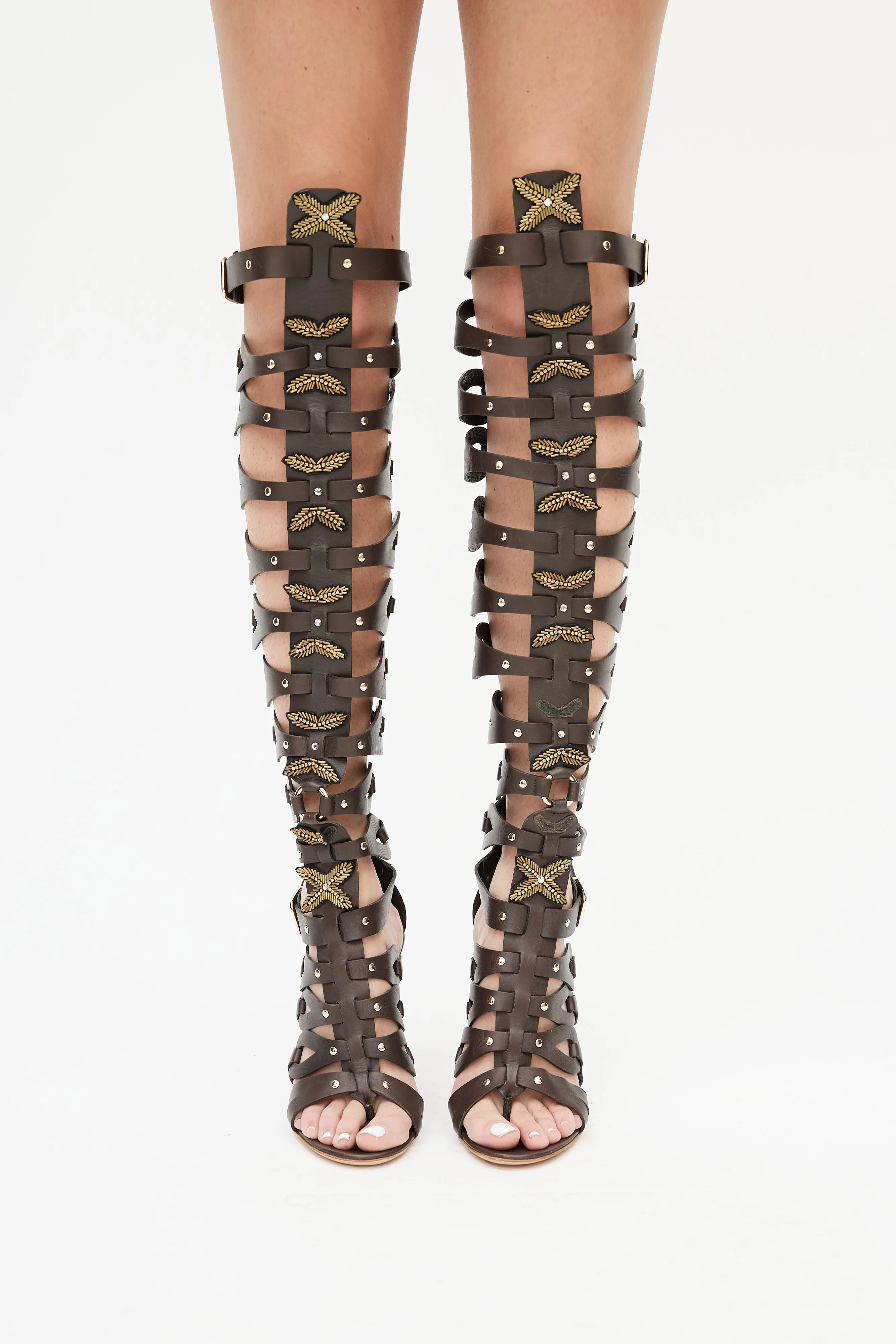 Brown Leather Thigh High Cage Boot