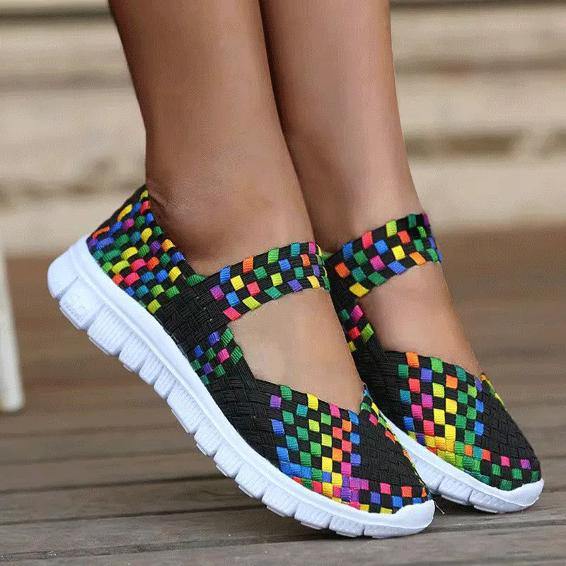 Cilool Breathable Elastic Band Woven Light Flat Shoes