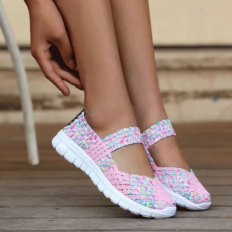 Cilool Breathable Elastic Band Woven Light Flat Shoes