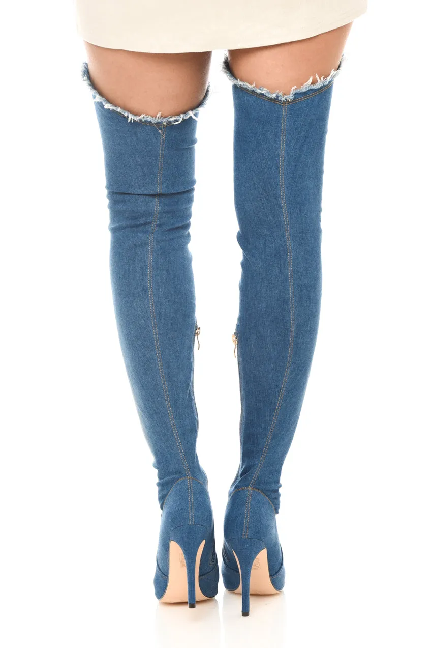 Dark Blue Denim Thigh High Boots
