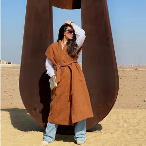 Faux shearling long wrap vest