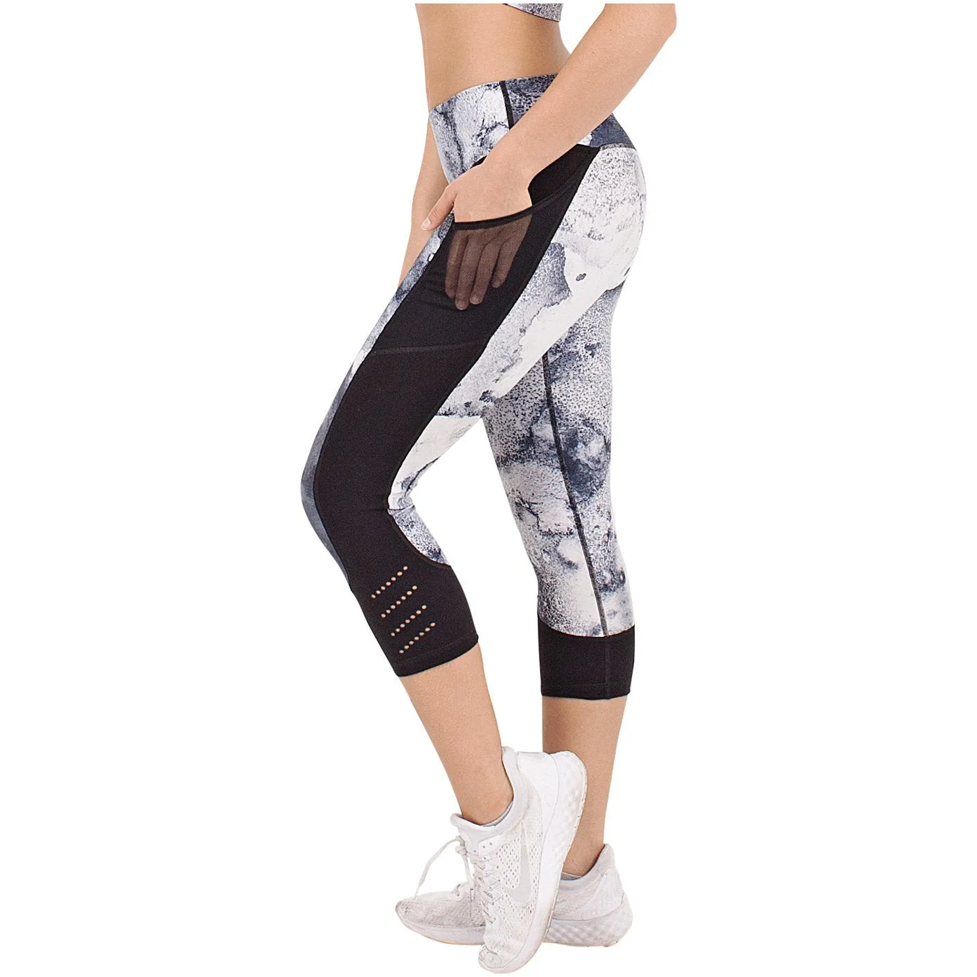 FLEXMEE 944006 Marble Sublimated Mid Rise Capri Leggings | Microfiber