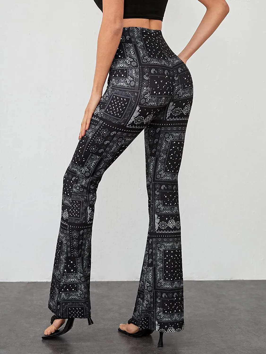 Floerns Women's Paisley Print Elastic Waist Flare Leg Workout Pants