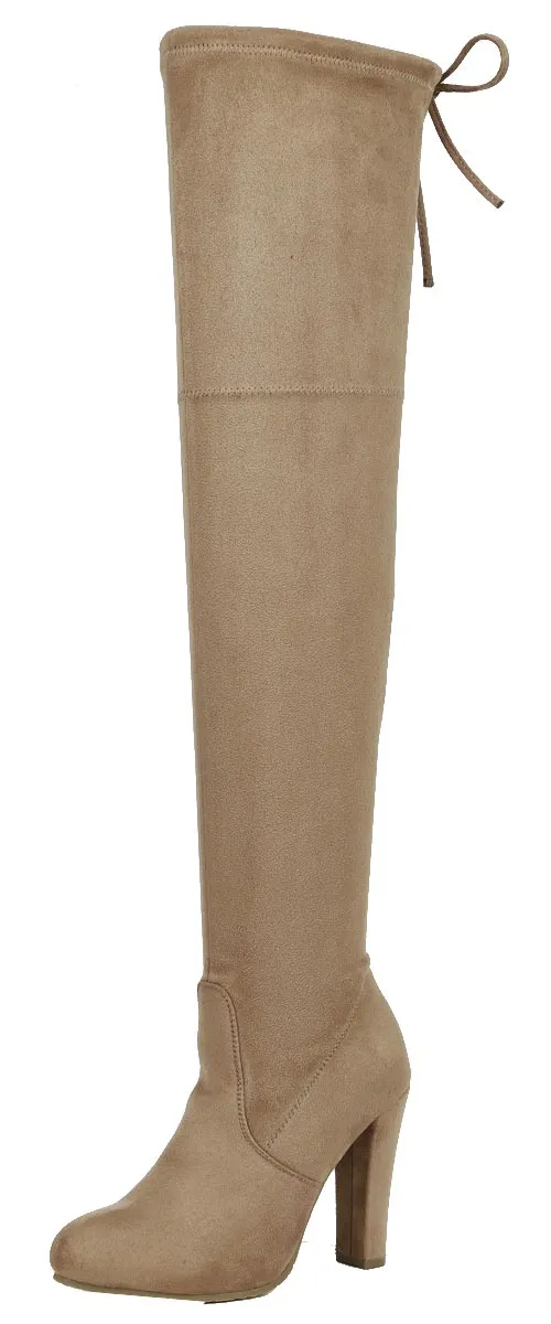 Forever Link Women's Stacked Chunky Heel Stretch Thigh High Pull On Boot