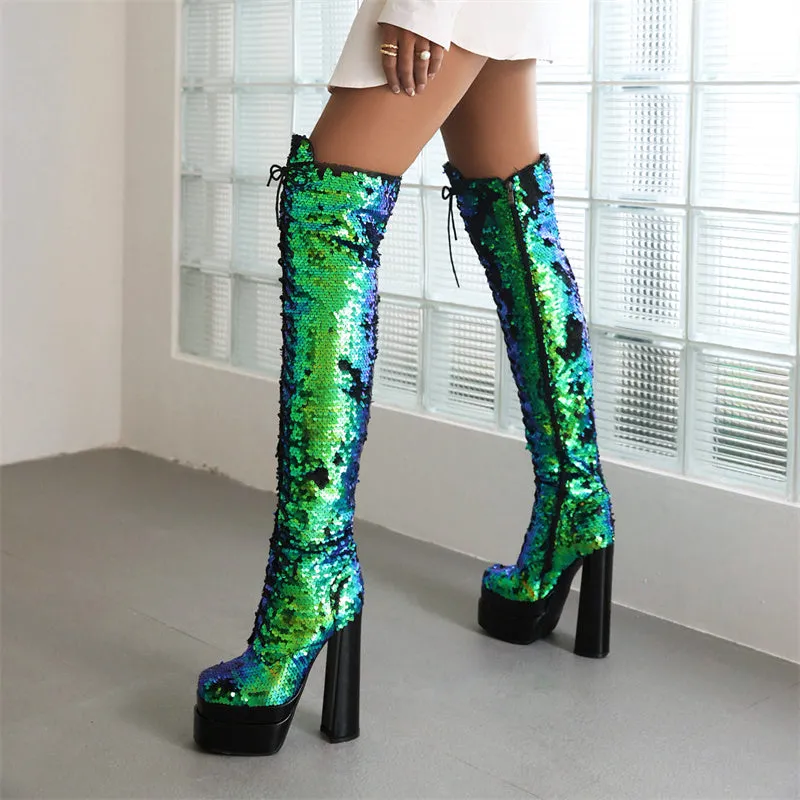 Hazel Sequin Green Thigh High Boots