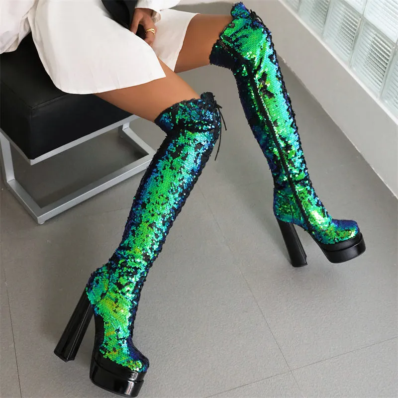 Hazel Sequin Green Thigh High Boots