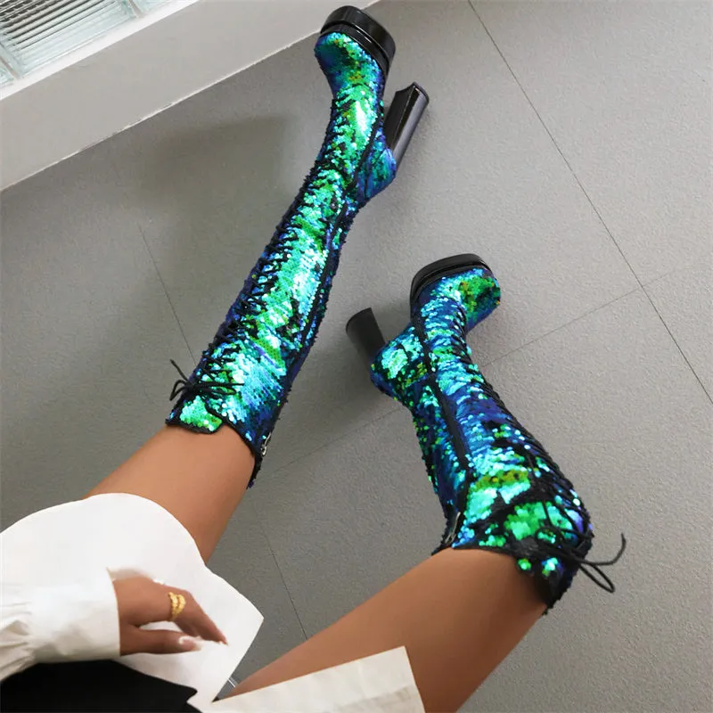 Hazel Sequin Green Thigh High Boots