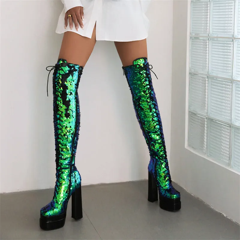 Hazel Sequin Green Thigh High Boots