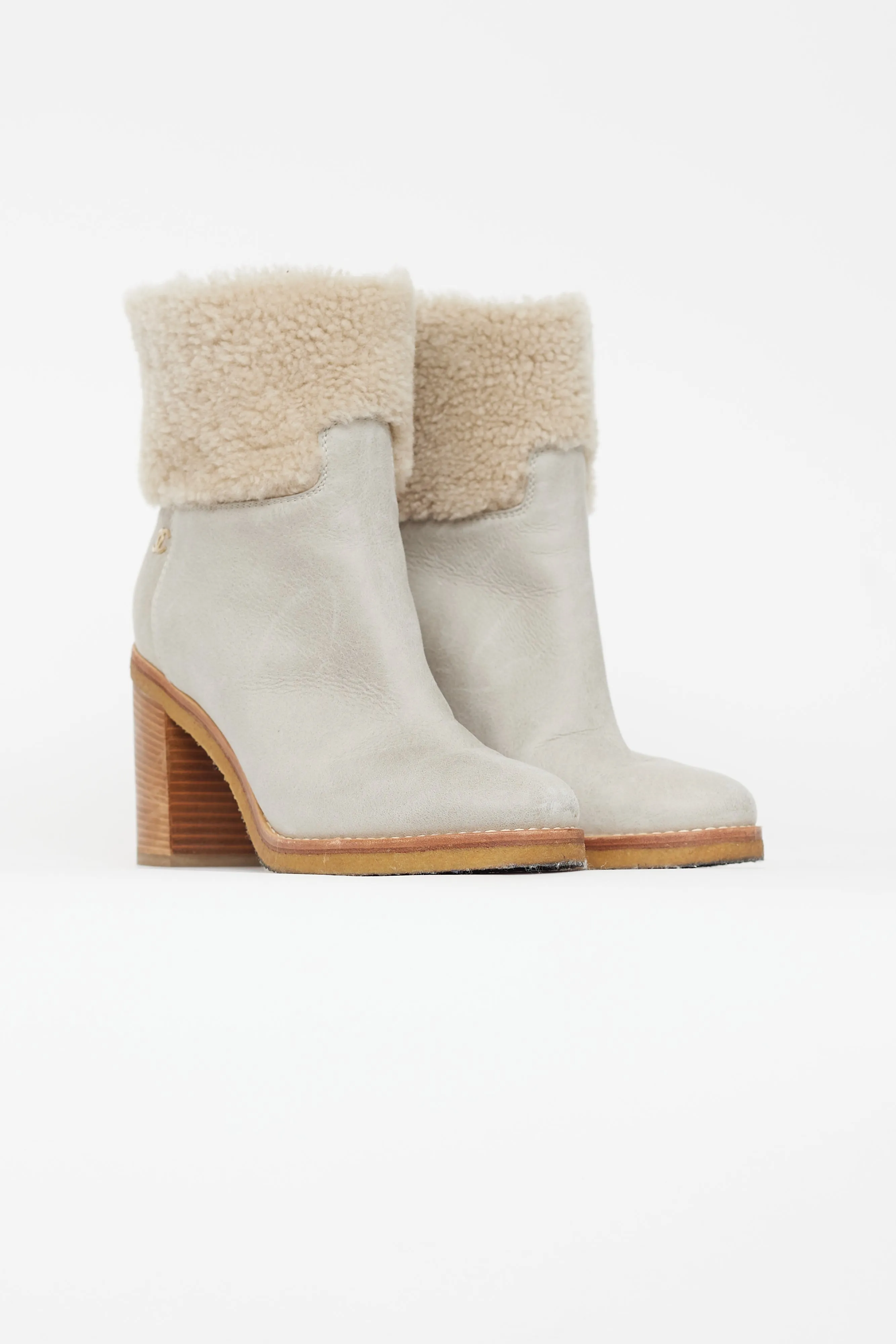 Light Grey Leather & Shearling Heeled Boot