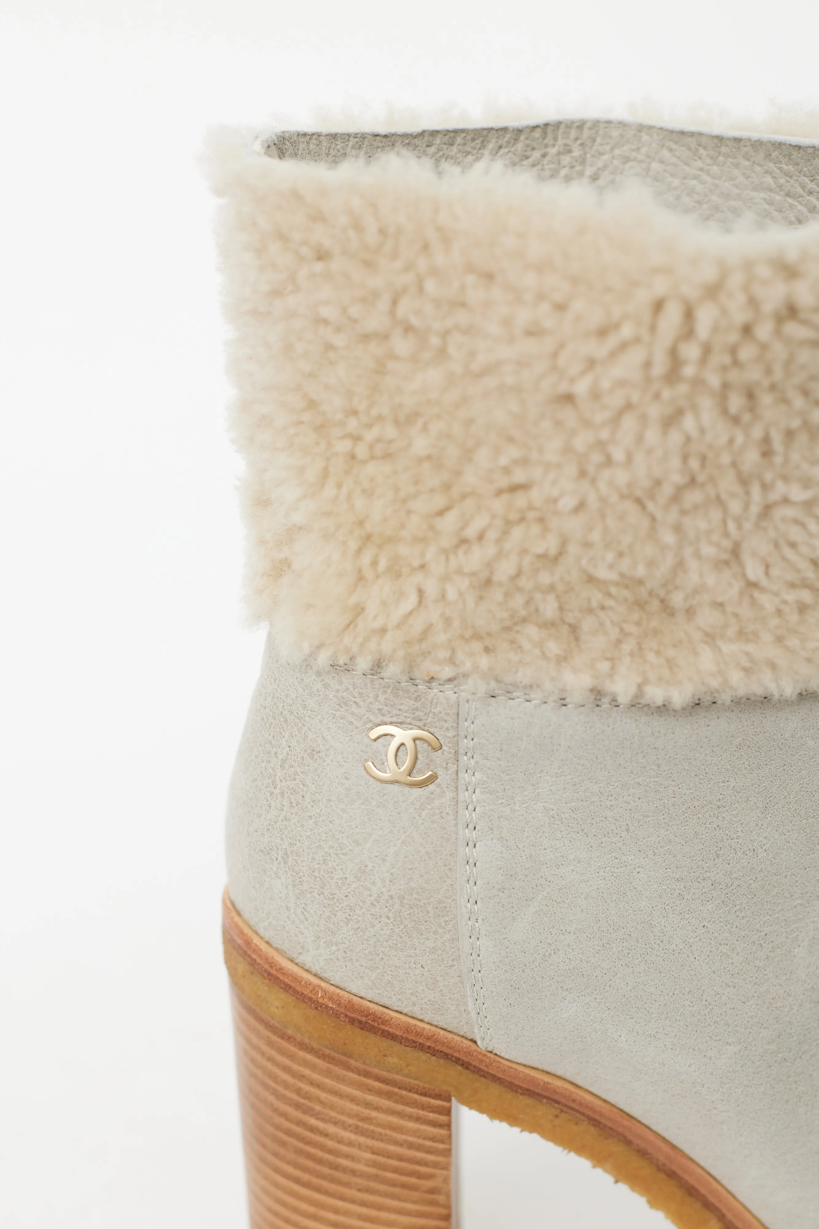 Light Grey Leather & Shearling Heeled Boot