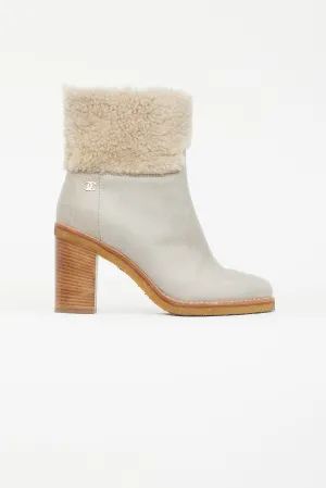 Light Grey Leather & Shearling Heeled Boot
