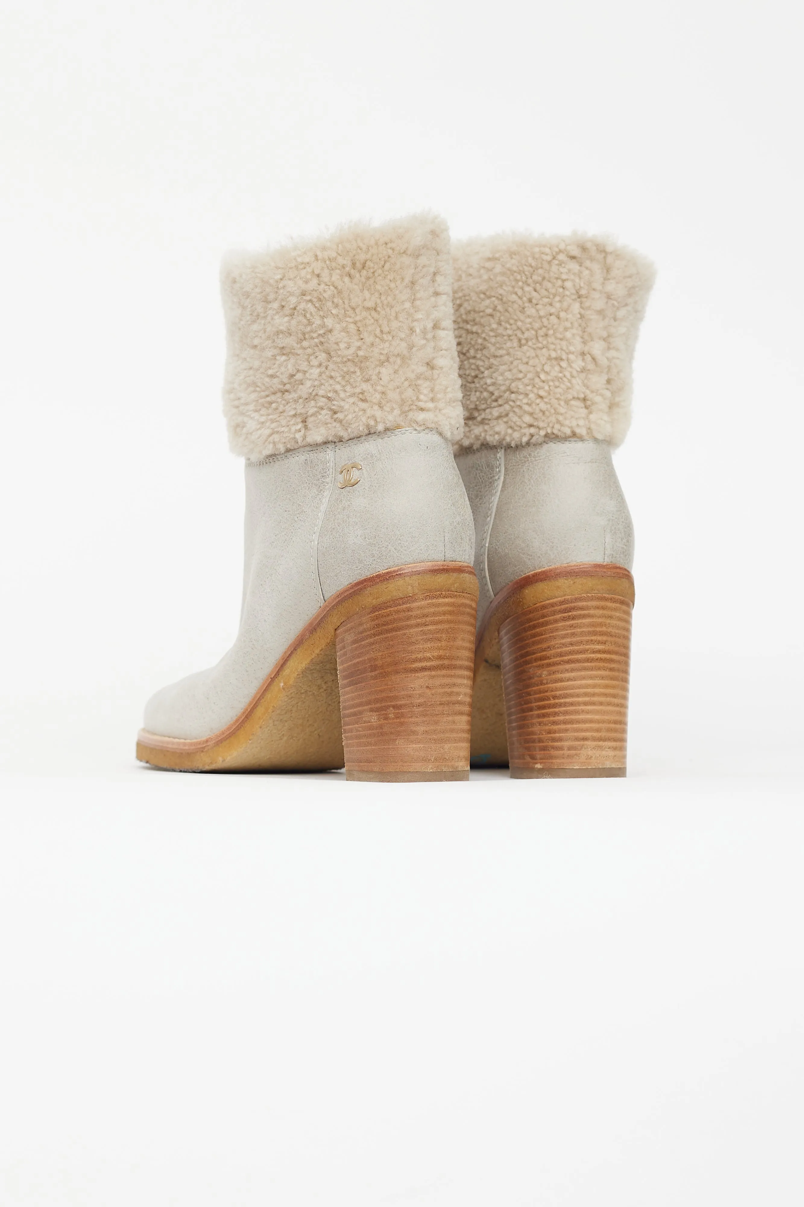 Light Grey Leather & Shearling Heeled Boot