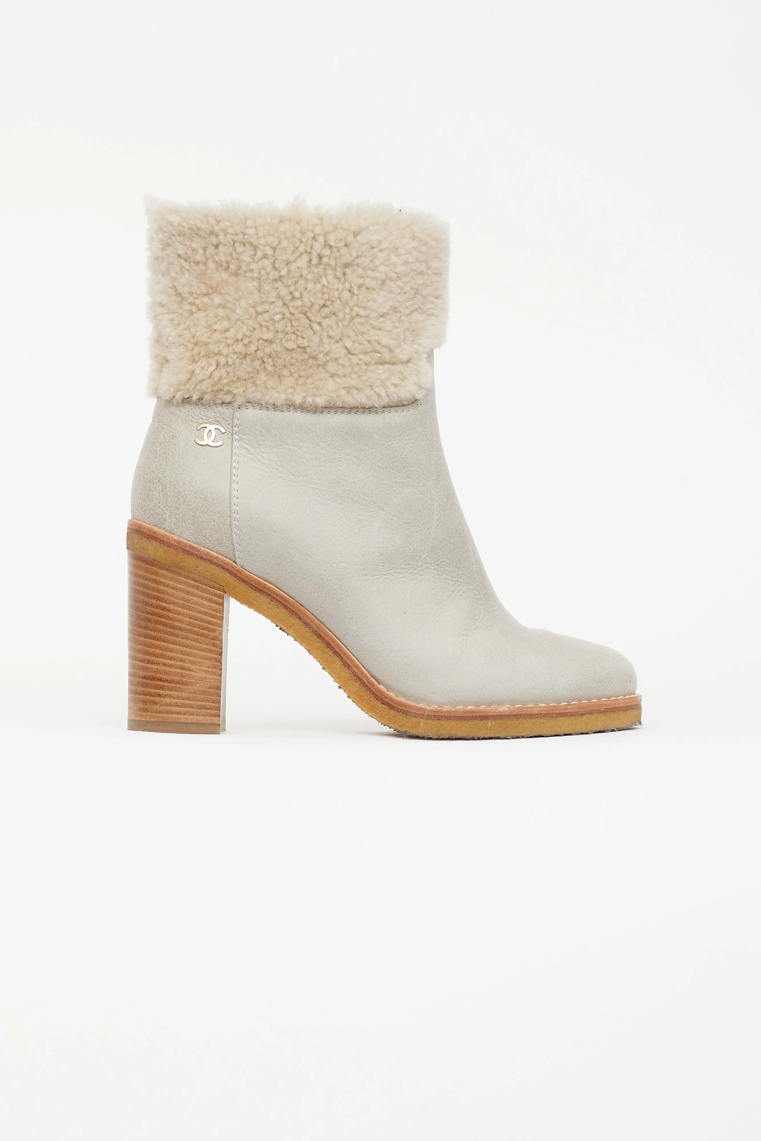 Light Grey Leather & Shearling Heeled Boot
