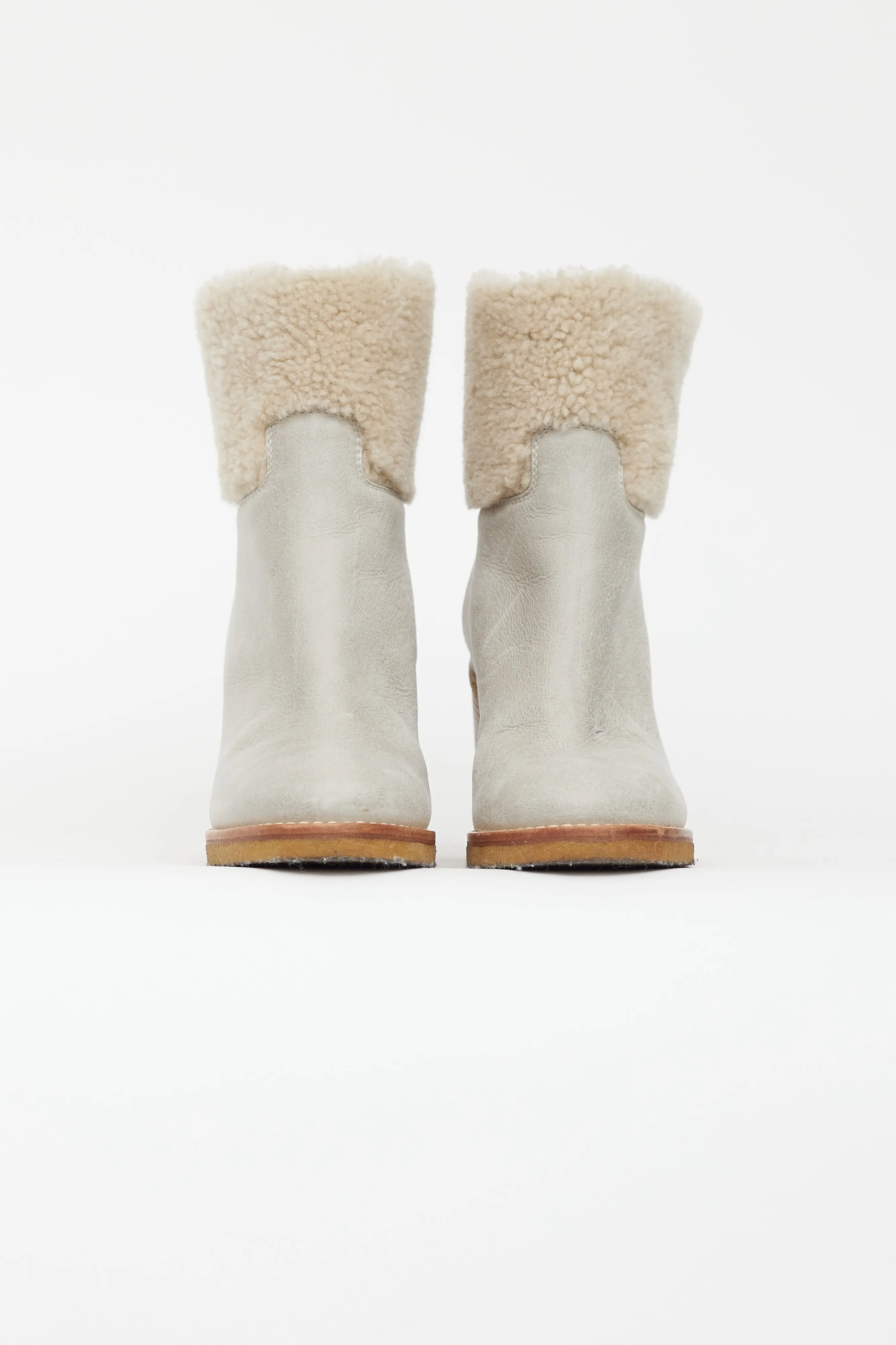 Light Grey Leather & Shearling Heeled Boot