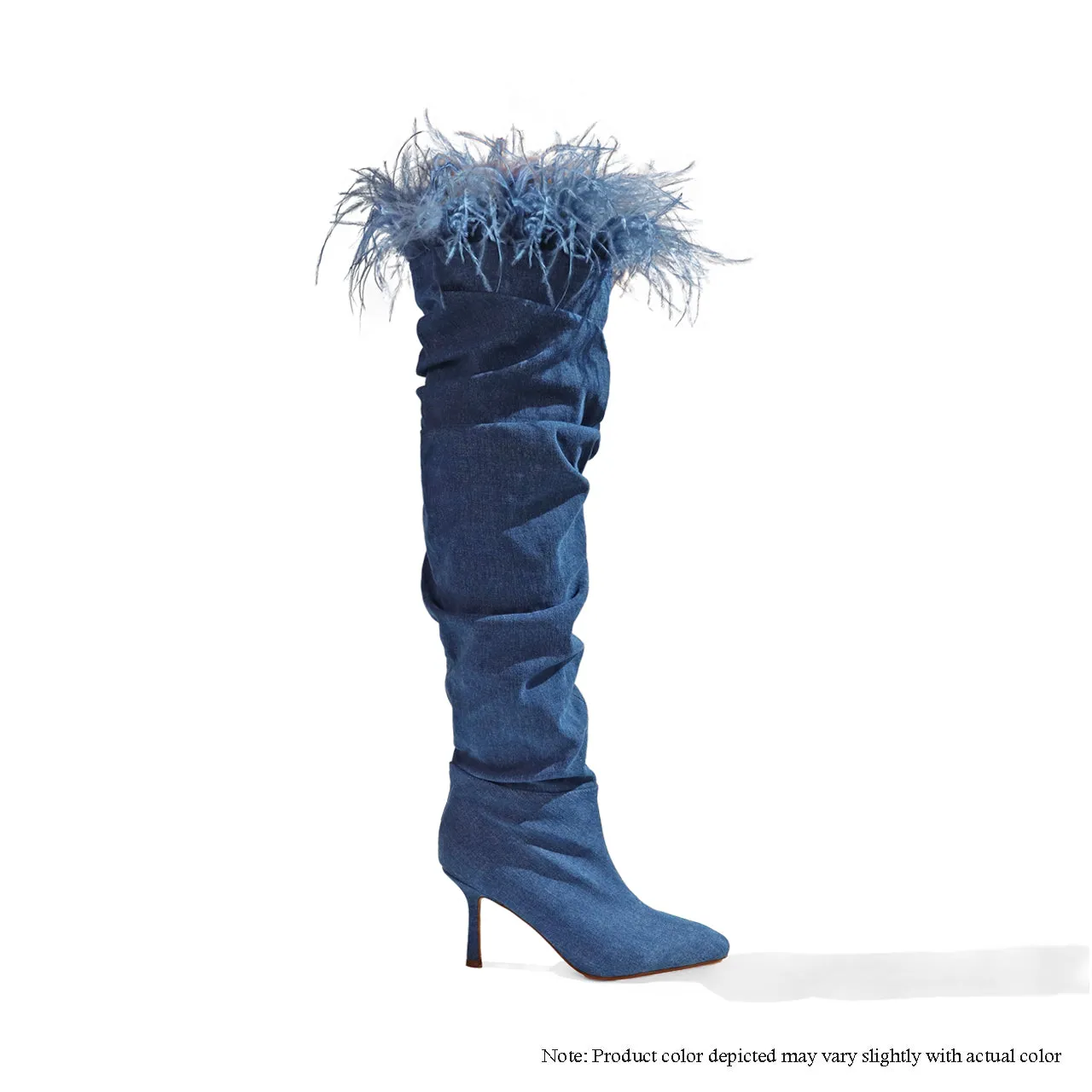LUISA-4 THIGH HIGH BOOTS W/ OSTRICH FEATHER ON COLLAR - DENIM