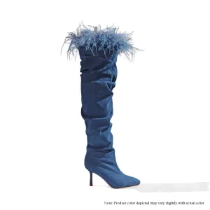 LUISA-4 THIGH HIGH BOOTS W/ OSTRICH FEATHER ON COLLAR - DENIM