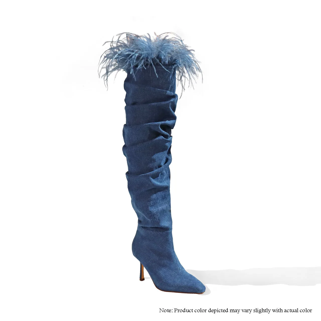 LUISA-4 THIGH HIGH BOOTS W/ OSTRICH FEATHER ON COLLAR - DENIM
