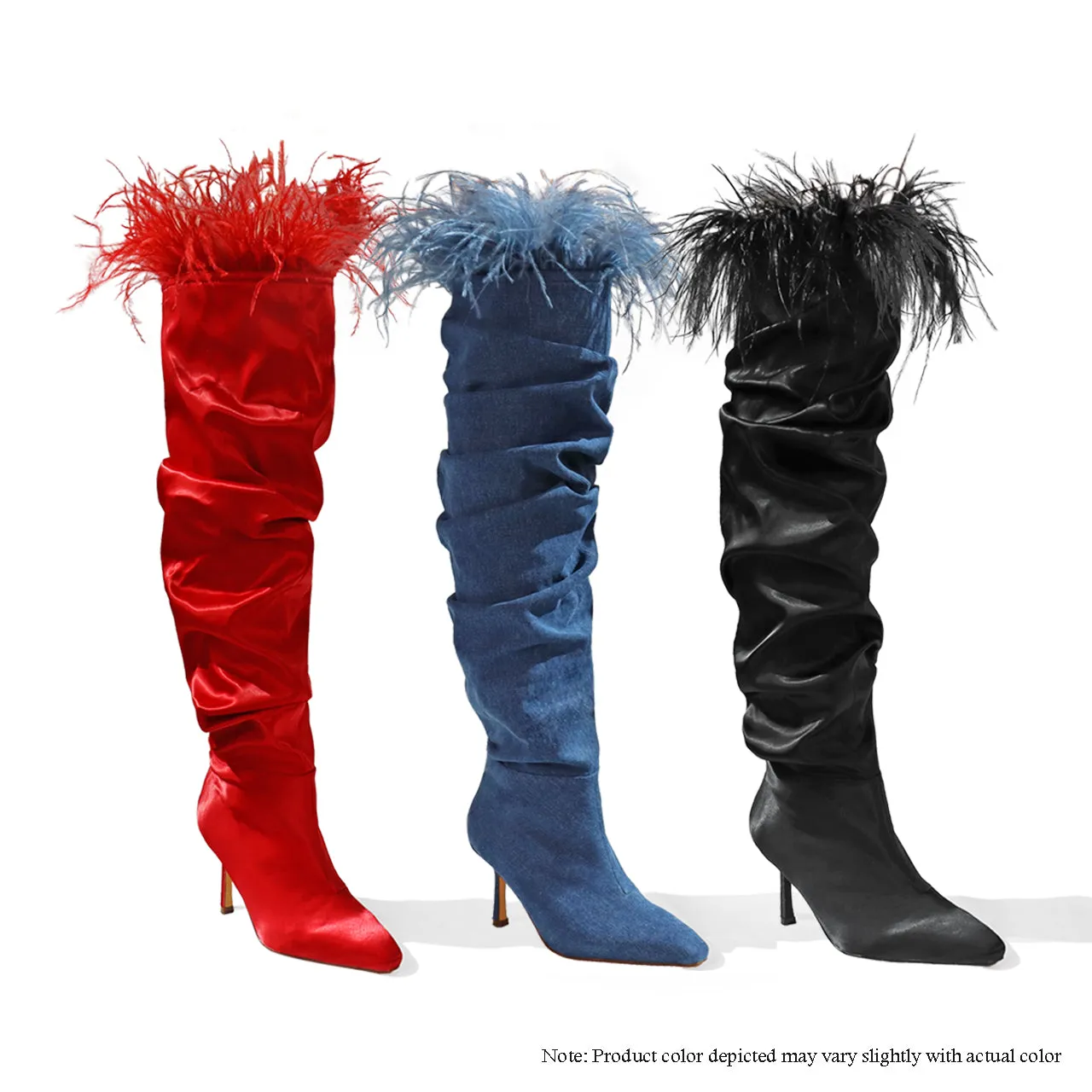 LUISA-4 THIGH HIGH BOOTS W/ OSTRICH FEATHER ON COLLAR - DENIM