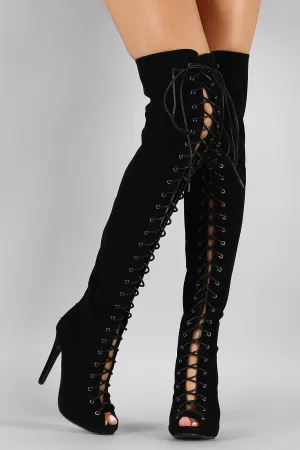 Nubuck Peep Toe Thigh High Boot