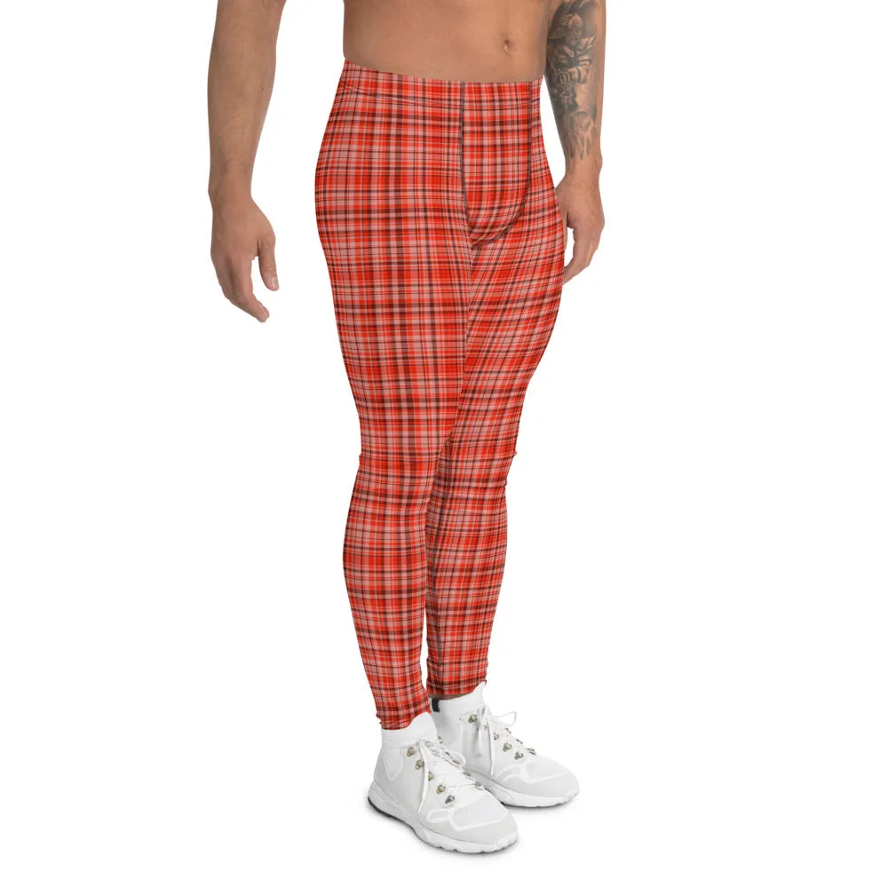 Orange Red Plaid Men's Leggings, Tartan Print Premium Compression Tights-Made in USA/EU