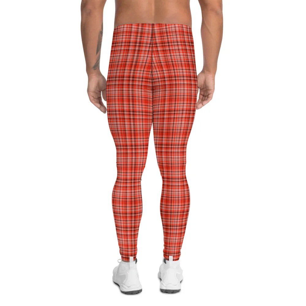 Orange Red Plaid Men's Leggings, Tartan Print Premium Compression Tights-Made in USA/EU