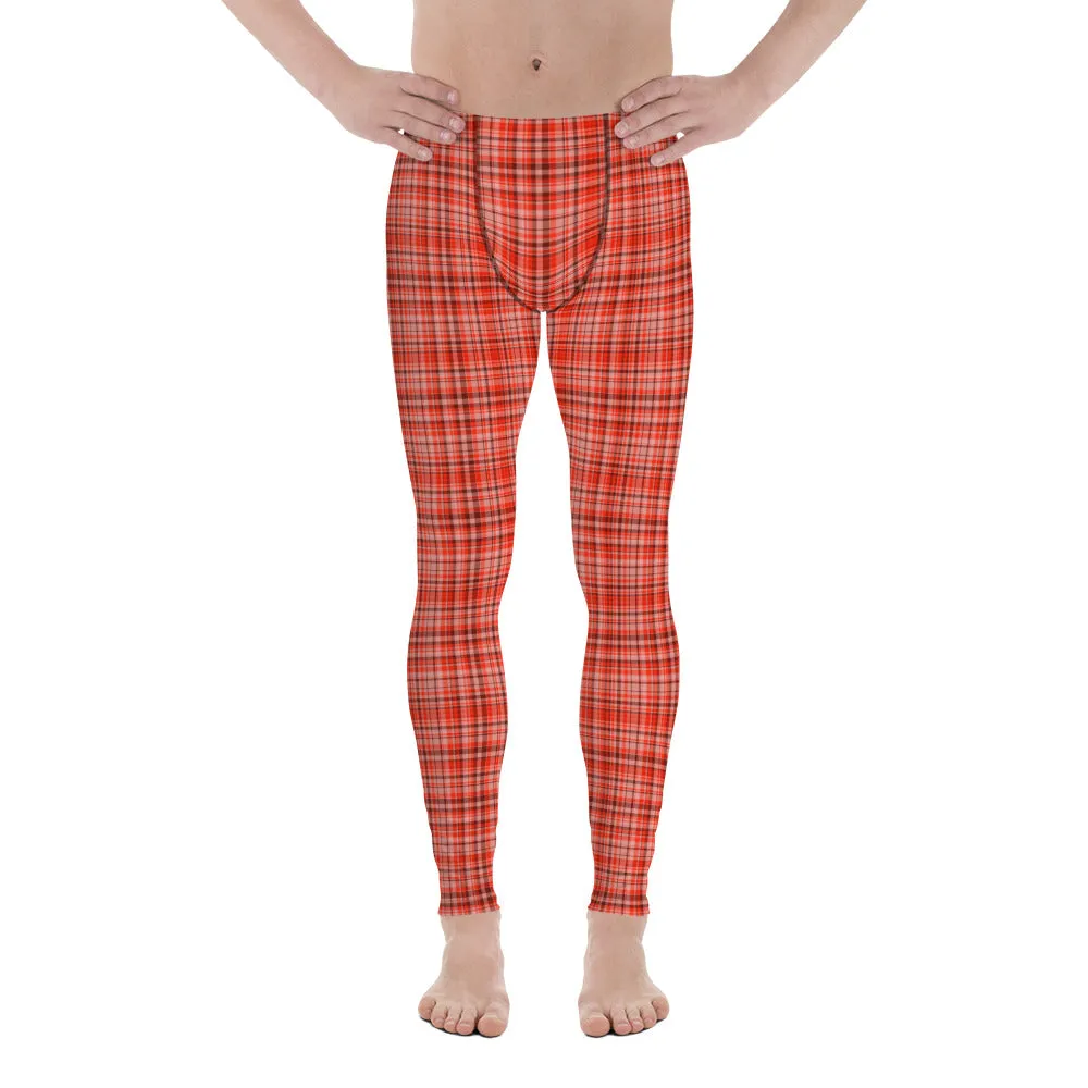 Orange Red Plaid Men's Leggings, Tartan Print Premium Compression Tights-Made in USA/EU