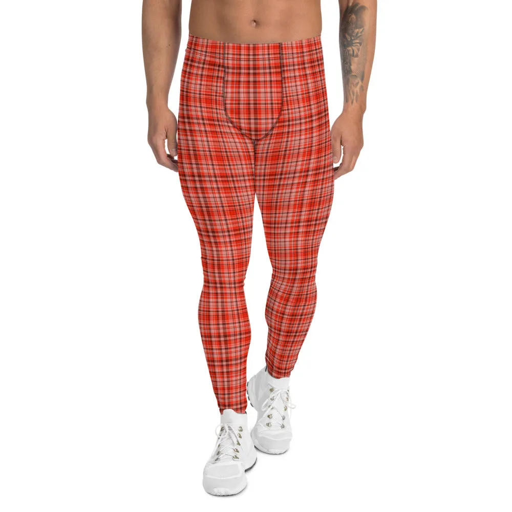 Orange Red Plaid Men's Leggings, Tartan Print Premium Compression Tights-Made in USA/EU