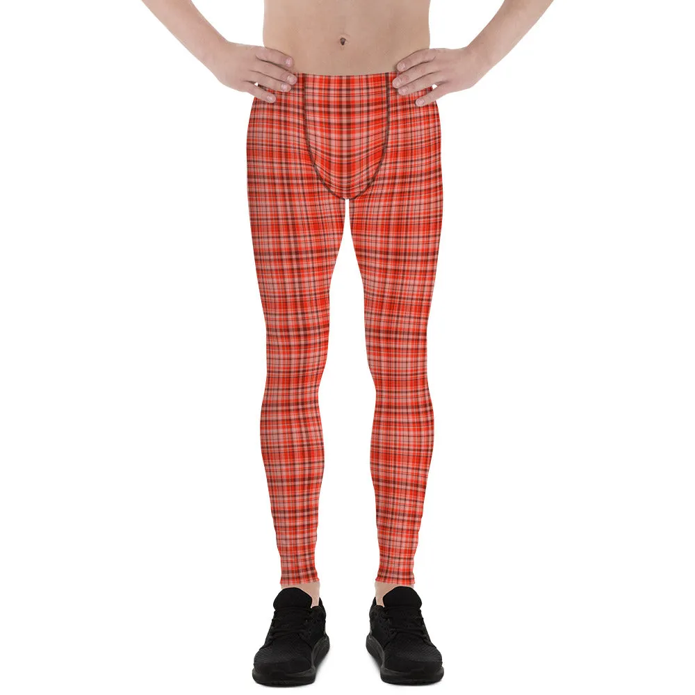 Orange Red Plaid Men's Leggings, Tartan Print Premium Compression Tights-Made in USA/EU
