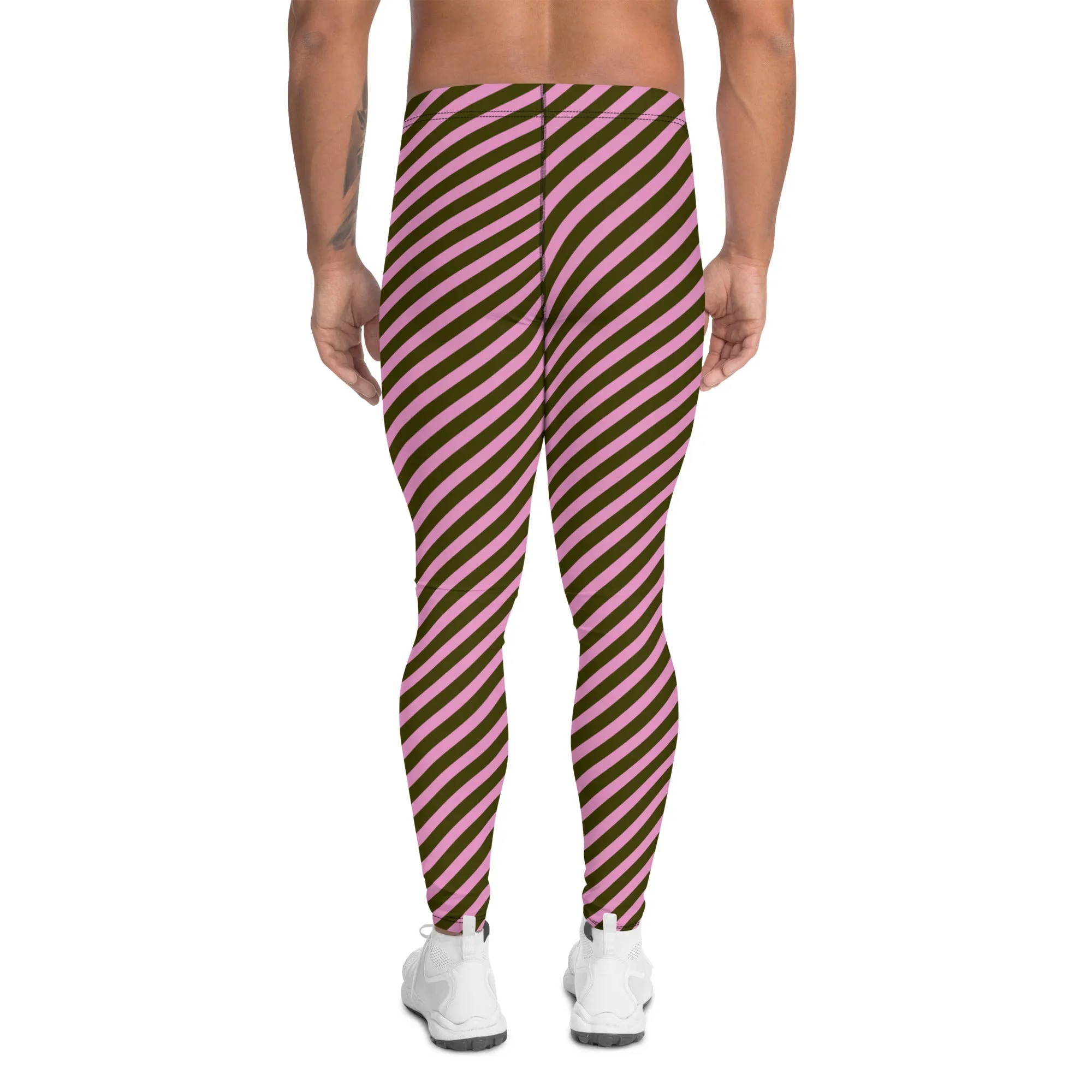 Pink Green Striped Meggings, Colorful Best Compression Tights For Men - Made in USA/EU/MX