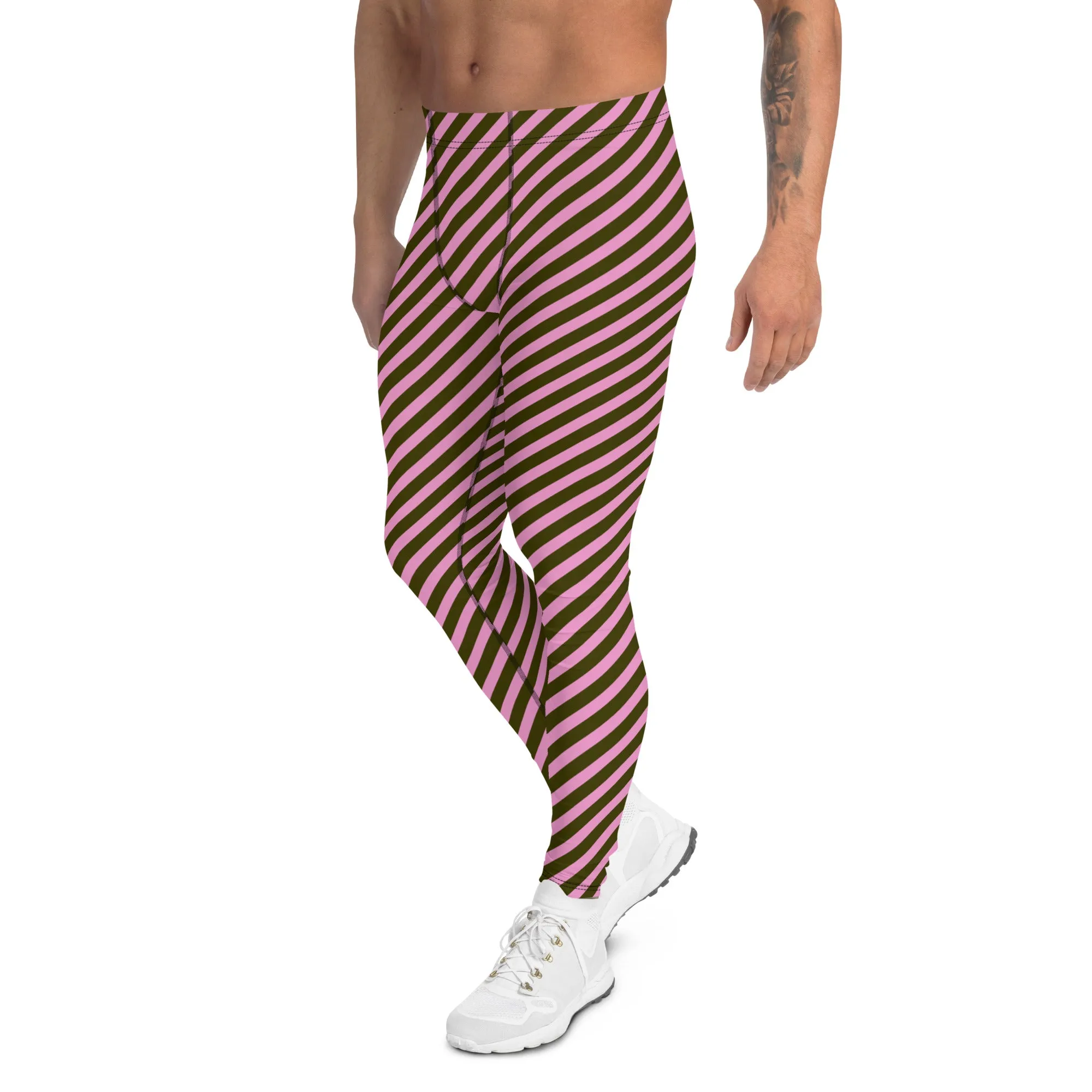Pink Green Striped Meggings, Colorful Best Compression Tights For Men - Made in USA/EU/MX