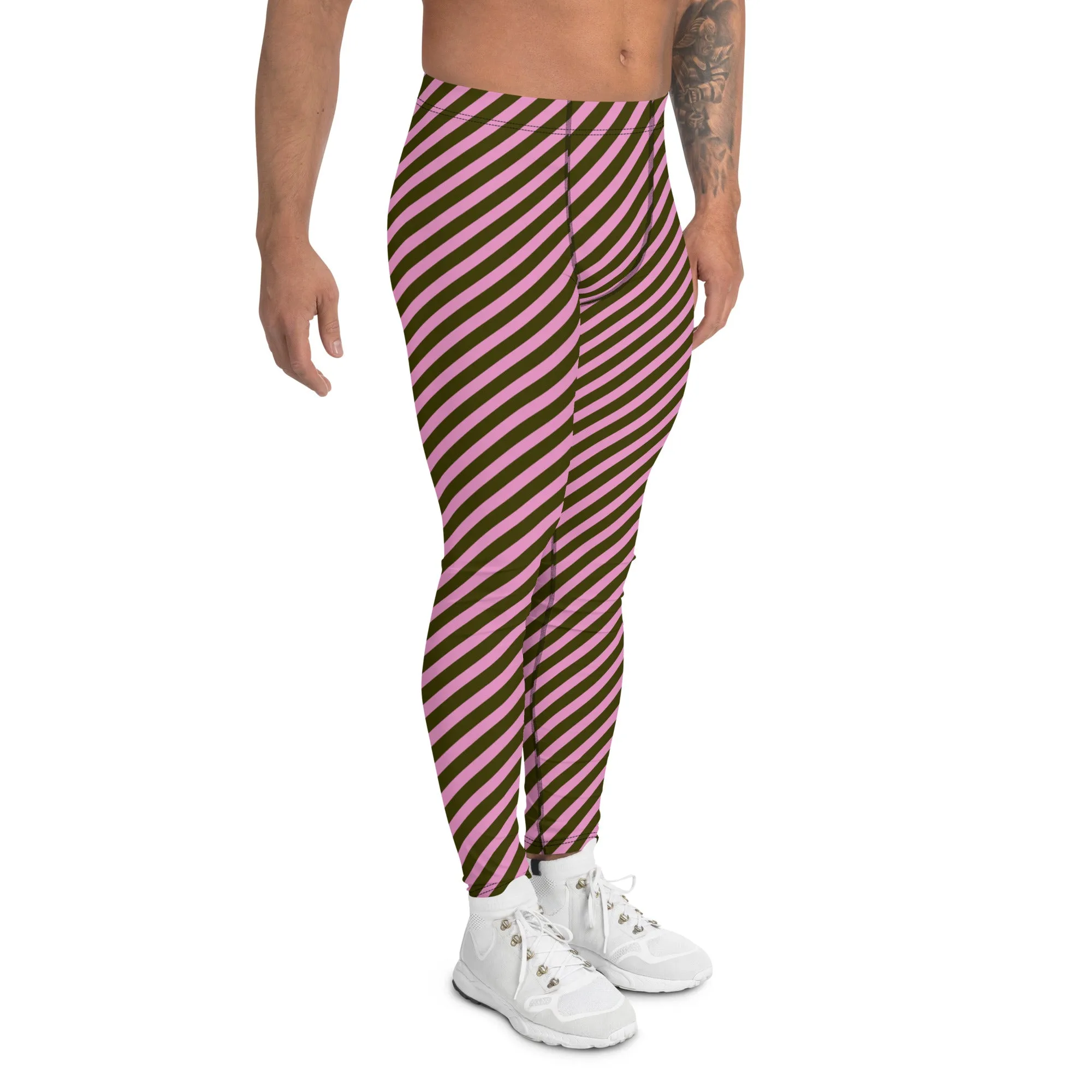 Pink Green Striped Meggings, Colorful Best Compression Tights For Men - Made in USA/EU/MX