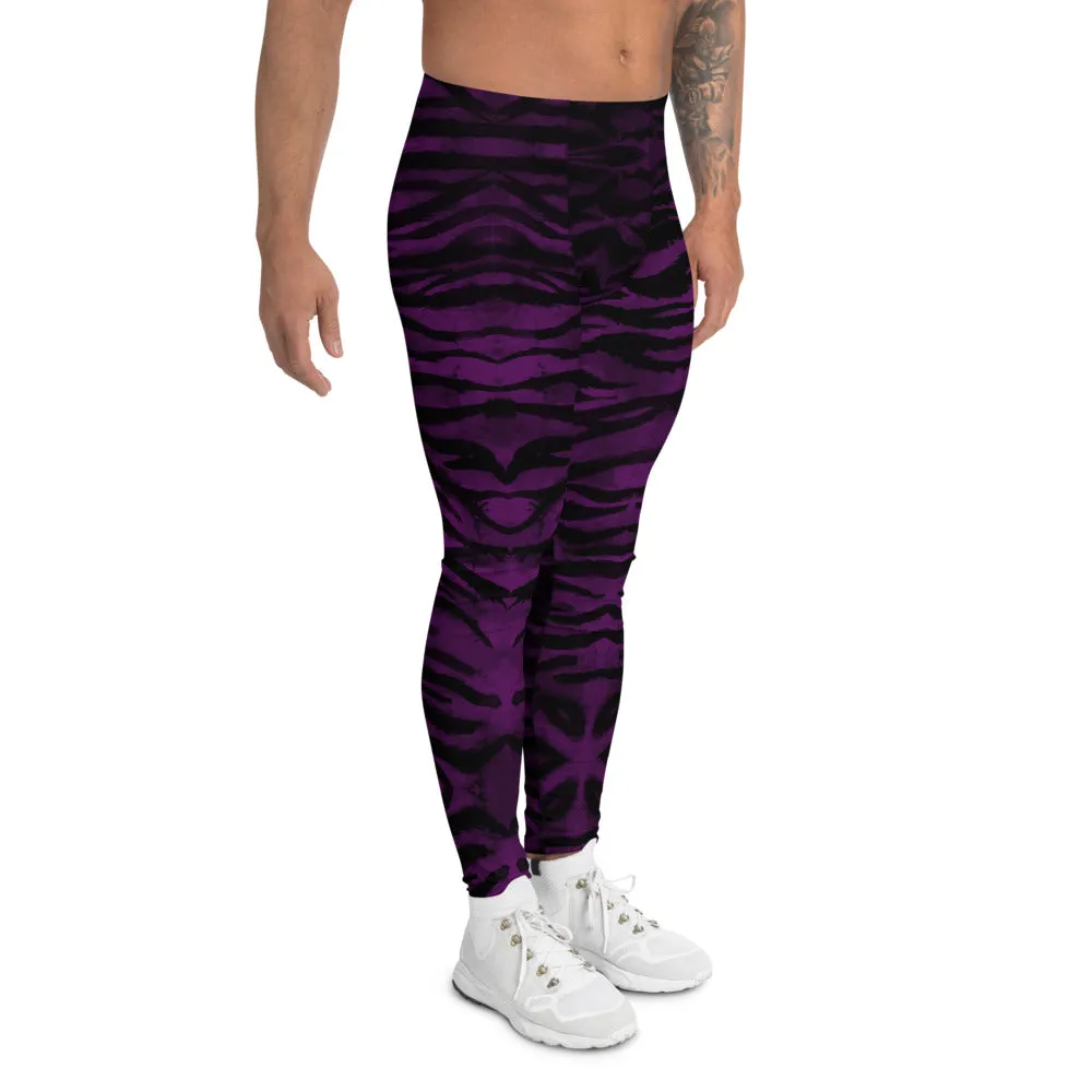 Purple Tiger Stripe Men's Leggings, Animal Print Meggings Compression Tights-Made in USA/EU