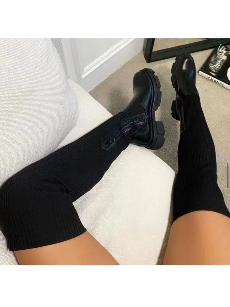 Ribbed Knit Platform Thigh High Boots