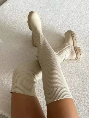 Ribbed Knit Platform Thigh High Boots