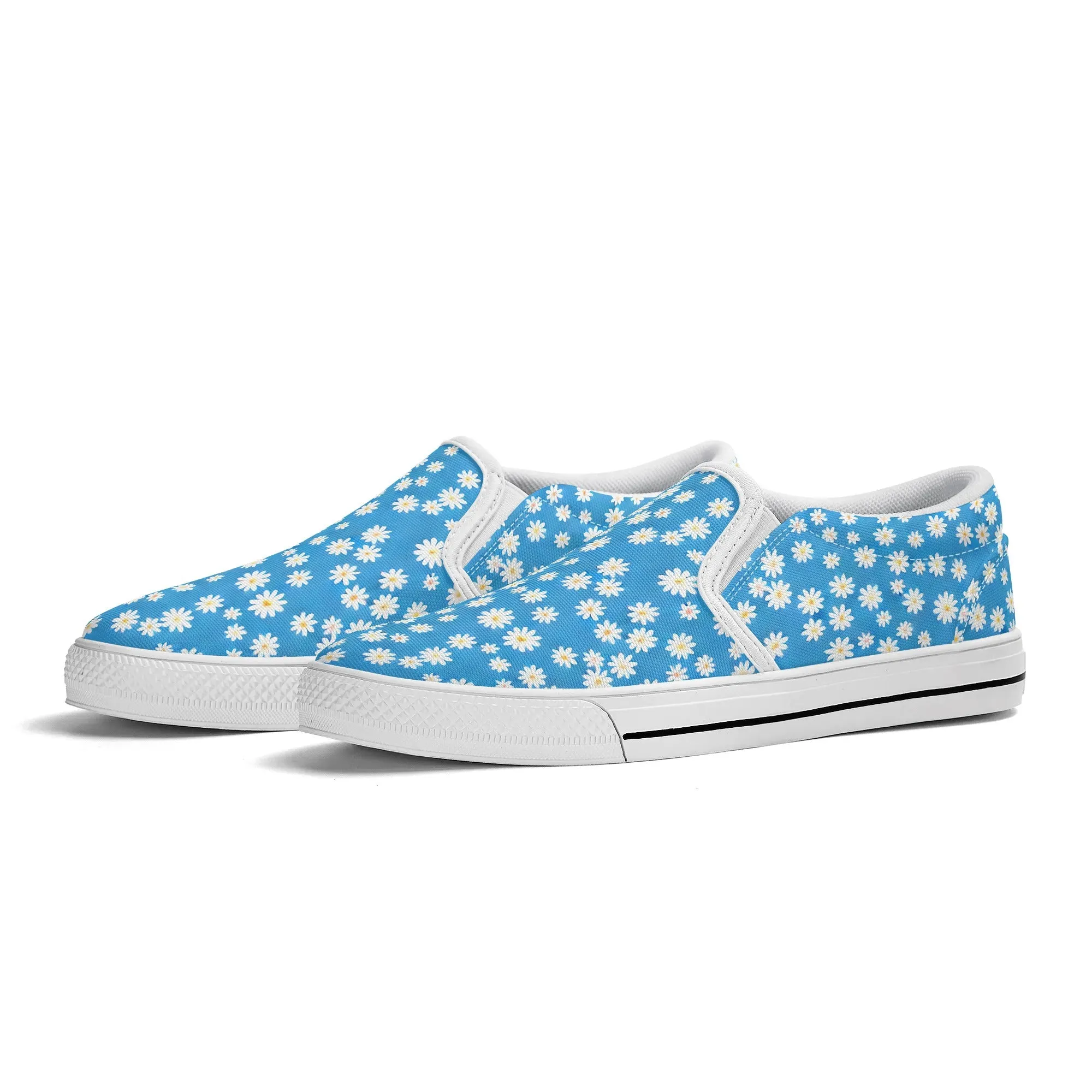 Skys Whisper: Tiny White Daisies on a Serene Blue Womens Canvas Slip On Shoes US5-US12