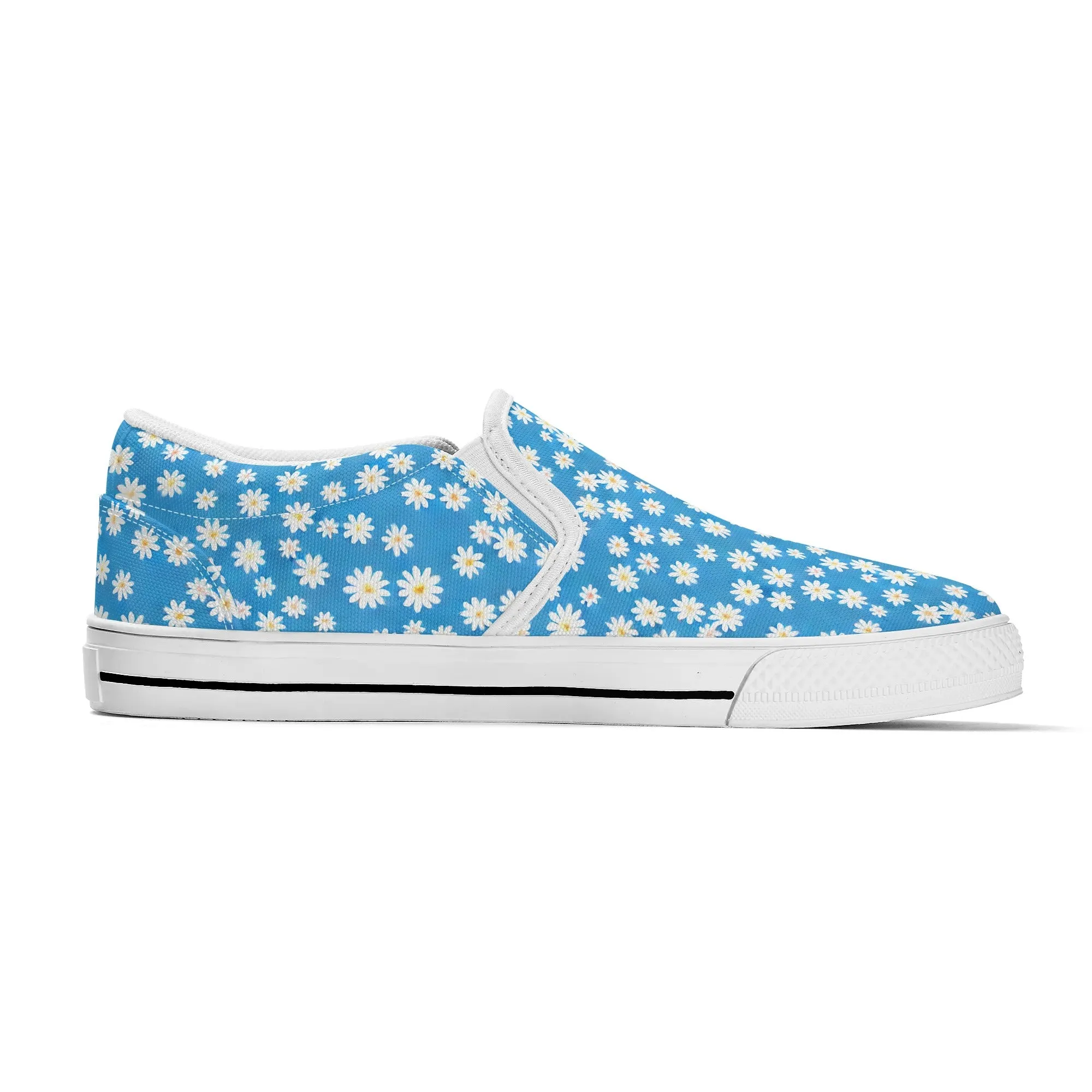 Skys Whisper: Tiny White Daisies on a Serene Blue Womens Canvas Slip On Shoes US5-US12