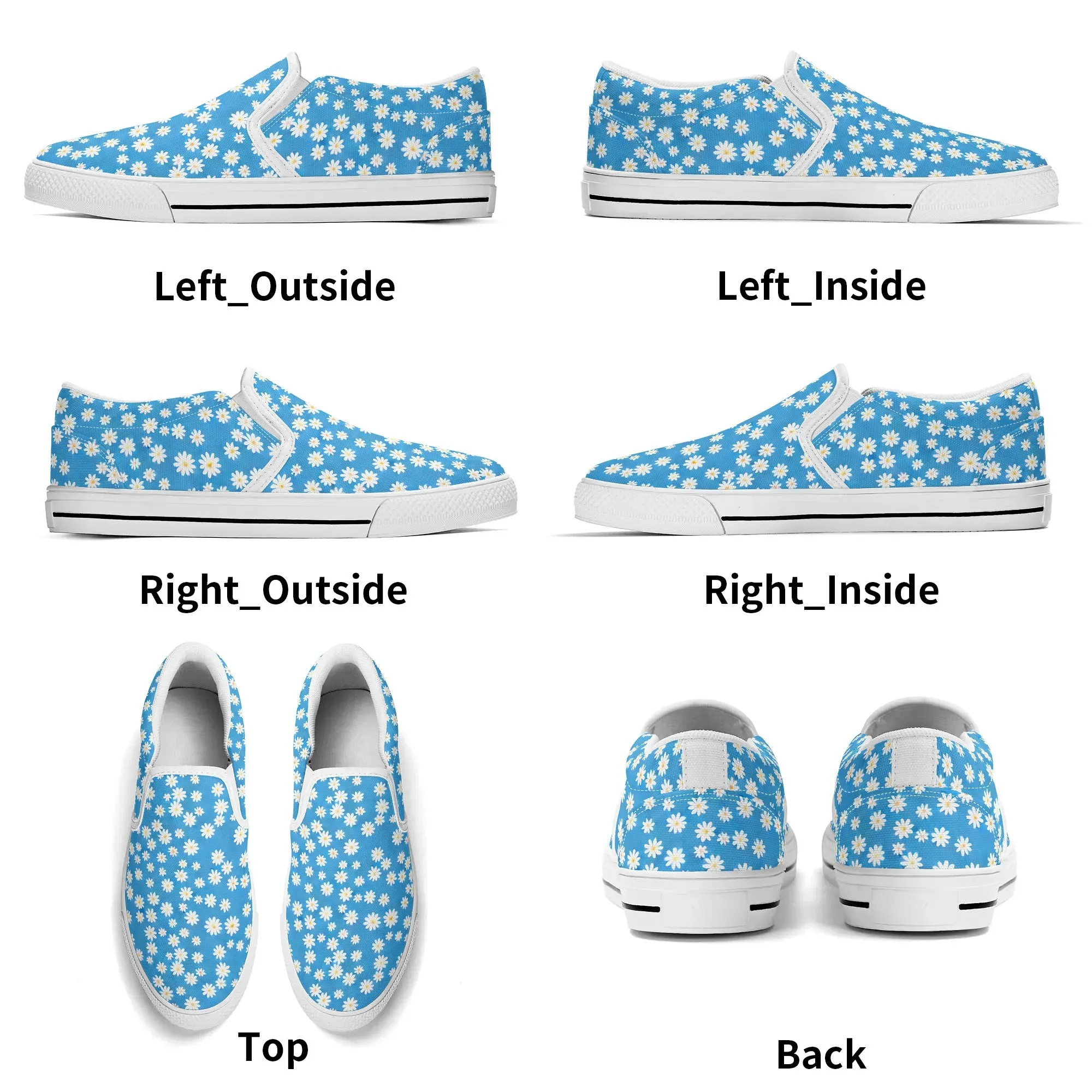 Skys Whisper: Tiny White Daisies on a Serene Blue Womens Canvas Slip On Shoes US5-US12