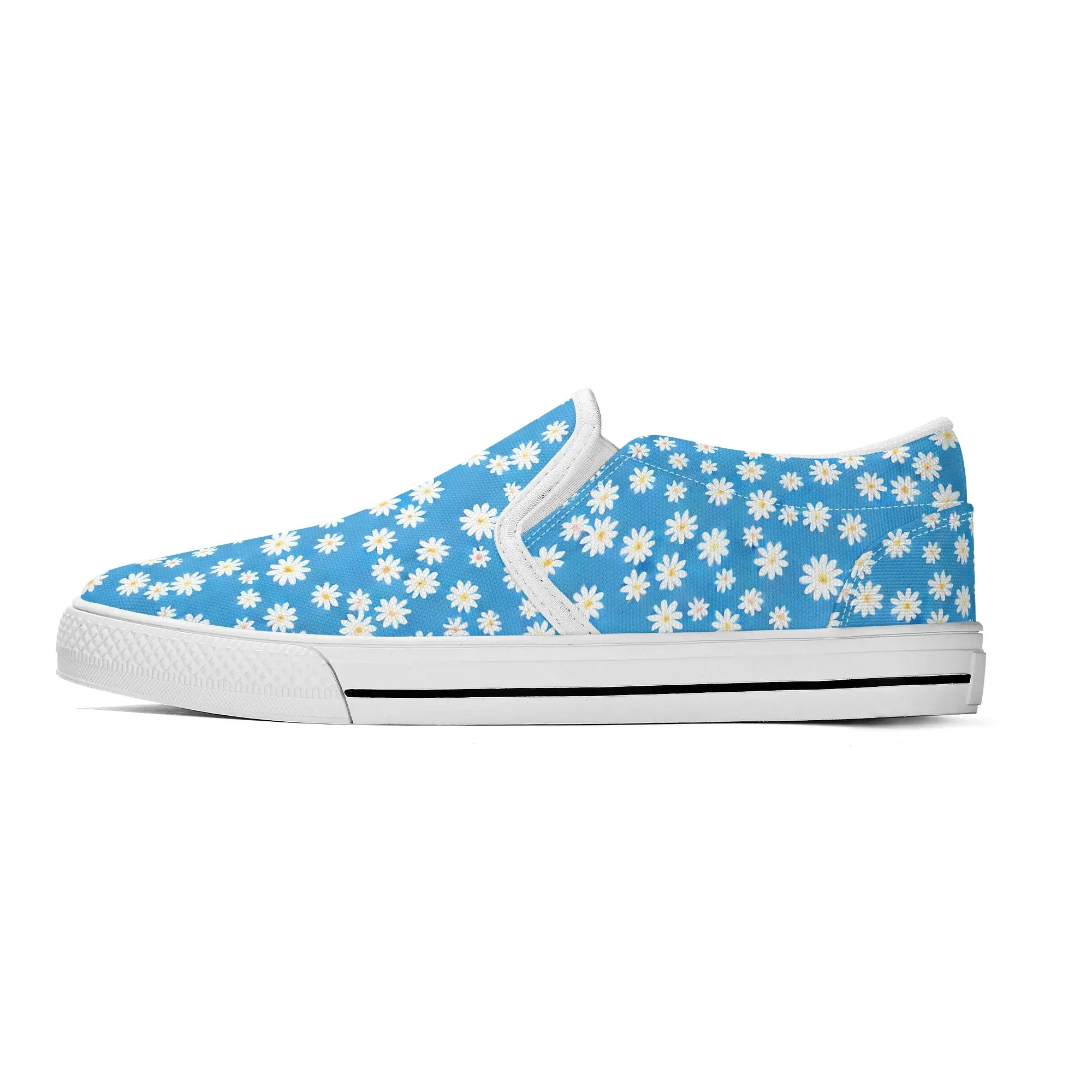 Skys Whisper: Tiny White Daisies on a Serene Blue Womens Canvas Slip On Shoes US5-US12