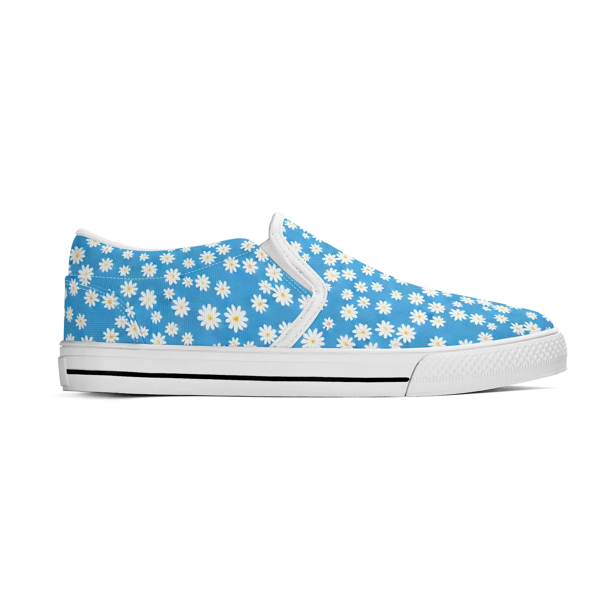Skys Whisper: Tiny White Daisies on a Serene Blue Womens Canvas Slip On Shoes US5-US12