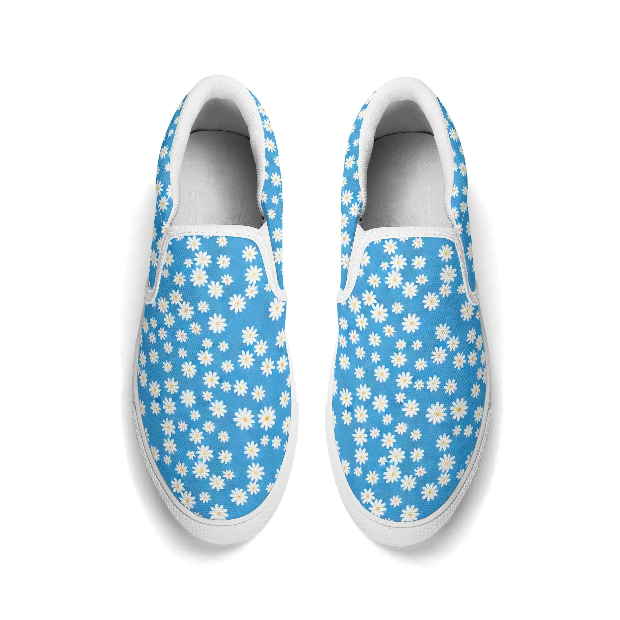 Skys Whisper: Tiny White Daisies on a Serene Blue Womens Canvas Slip On Shoes US5-US12