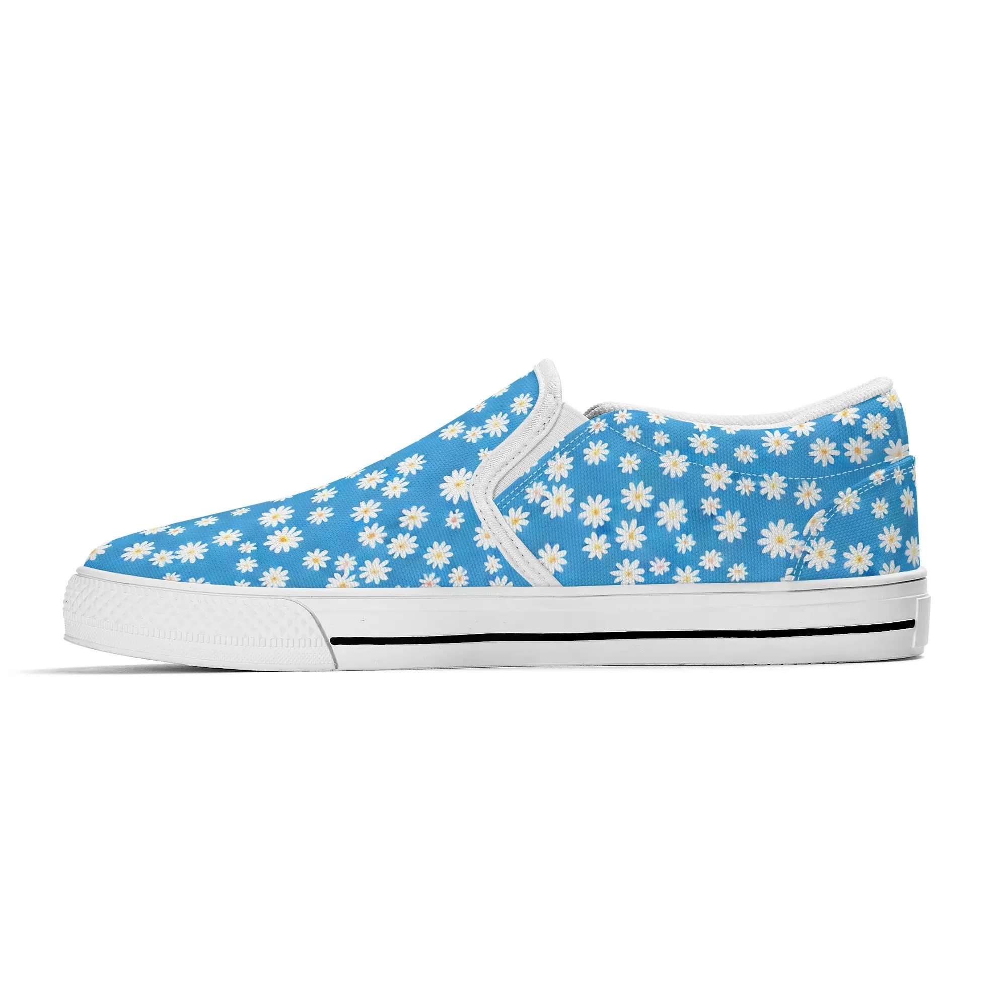 Skys Whisper: Tiny White Daisies on a Serene Blue Womens Canvas Slip On Shoes US5-US12