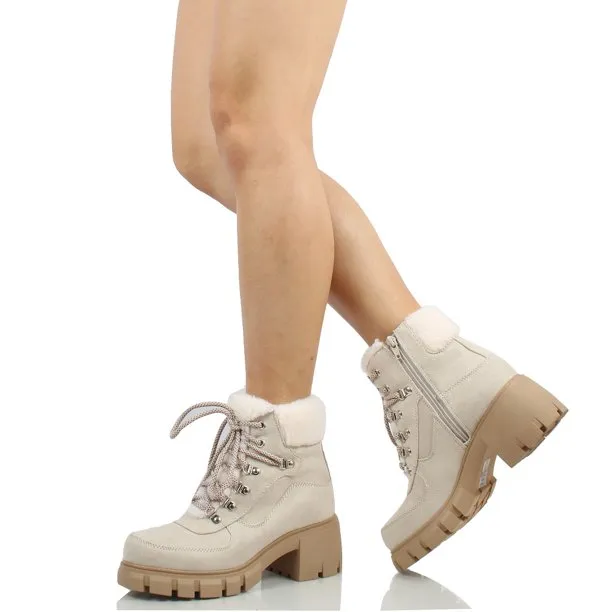Soda SAFFI Women's Shearling Trim Combat Lug Ankle booties