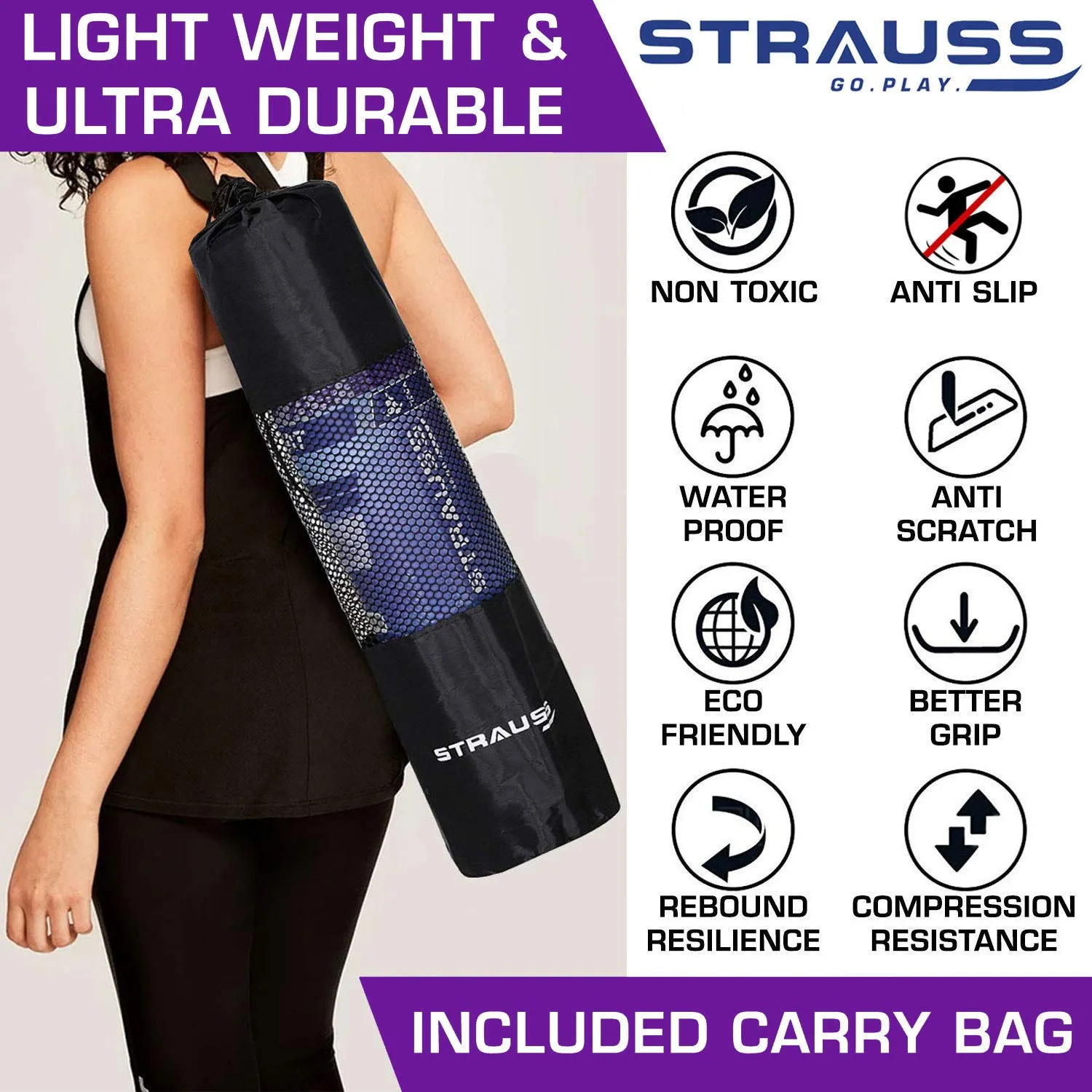 Strauss Yoga Mat 6MM,(Floral Blue) and Yoga Mat Bag,Floral (Full Zip)