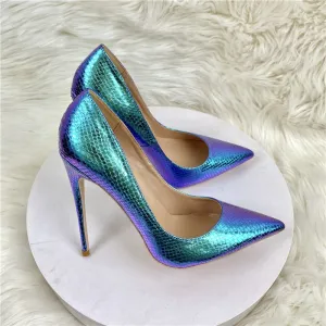 Stylish Blue Snake Print Pointed Toe Stiletto Heels Shoes