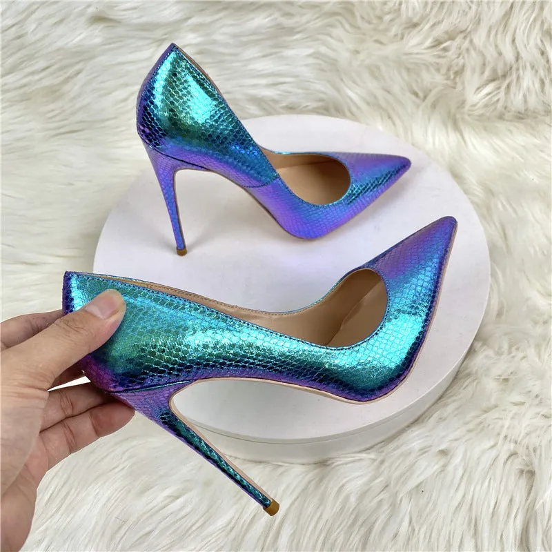 Stylish Blue Snake Print Pointed Toe Stiletto Heels Shoes