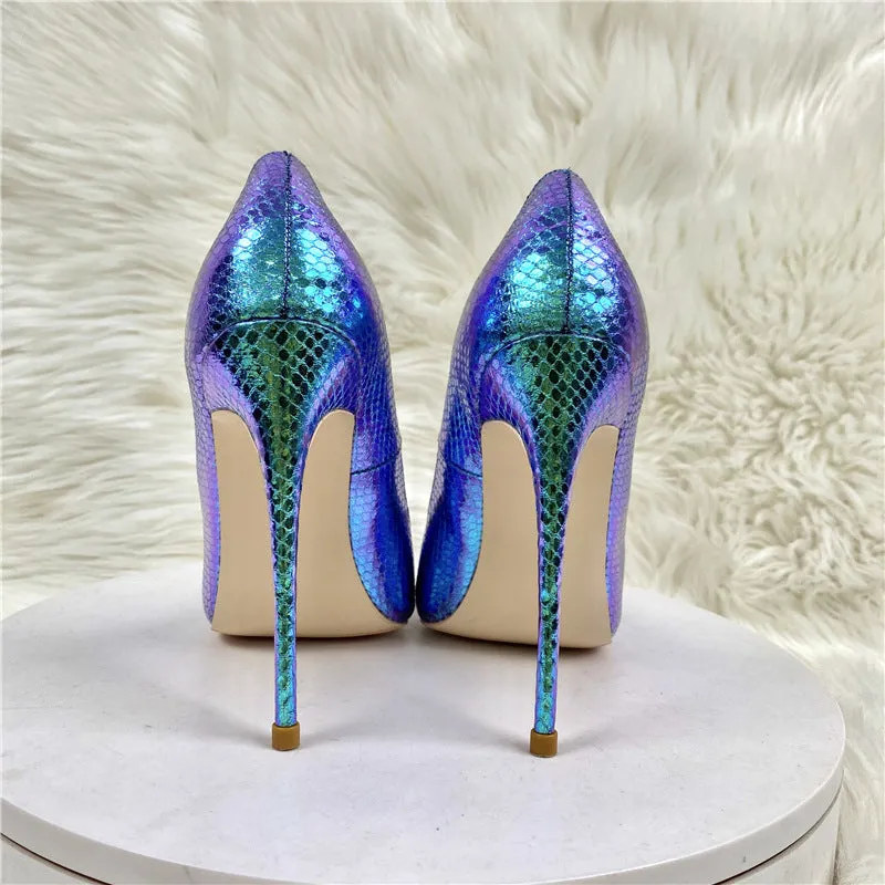 Stylish Blue Snake Print Pointed Toe Stiletto Heels Shoes